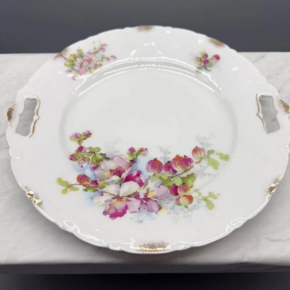 Vintage Porcelain Cake Plate Open Handles Pink White Roses Hand Painted Cottage